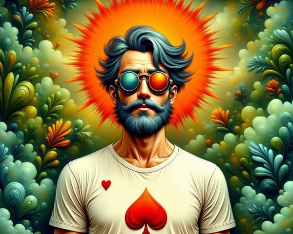 Stylized Man with Beard in Vibrant Psychedelic Setting