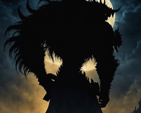 Silhouette of a horned creature with glowing eyes at night