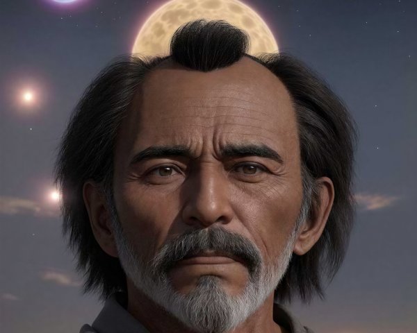 Close-Up Portrait of an Older Man with Celestial Background