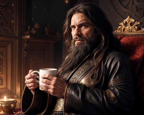 Regal figure on ornate throne in lavish room