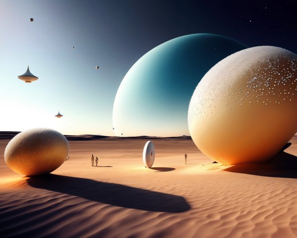 Surreal Alien Landscape with Spheres and Twilight Sky