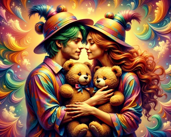 Whimsical Couple with Colorful Hair and Teddy Bears