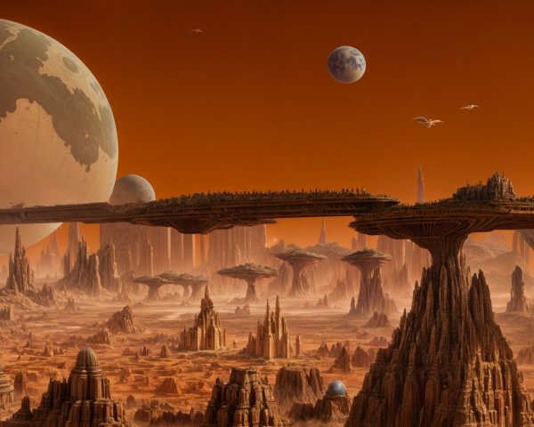 Surreal Alien Landscape with Floating Islands and Moons