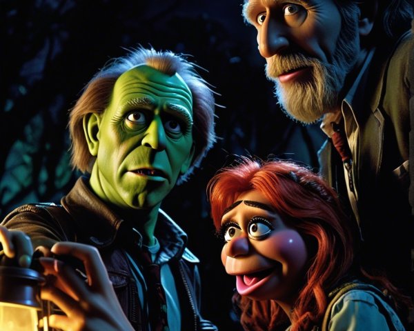 Colorful Puppets in a Spooky Forest Setting