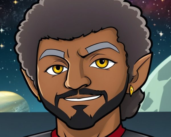 Animated character with curly hair in cosmic scene