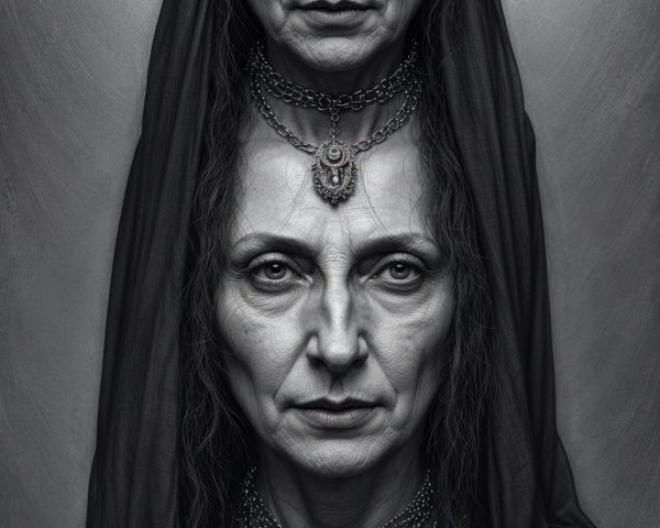 Black-and-white portrait of two women with jewelry