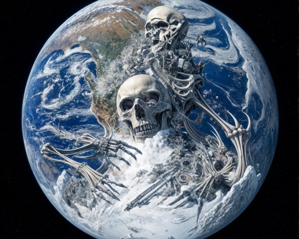 Surreal Earth with Cosmic Skulls and Skeletal Hands