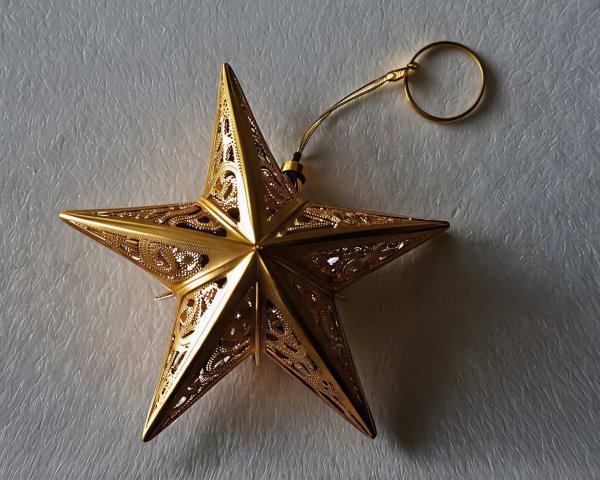 Close-up of a golden star ornament on textured background