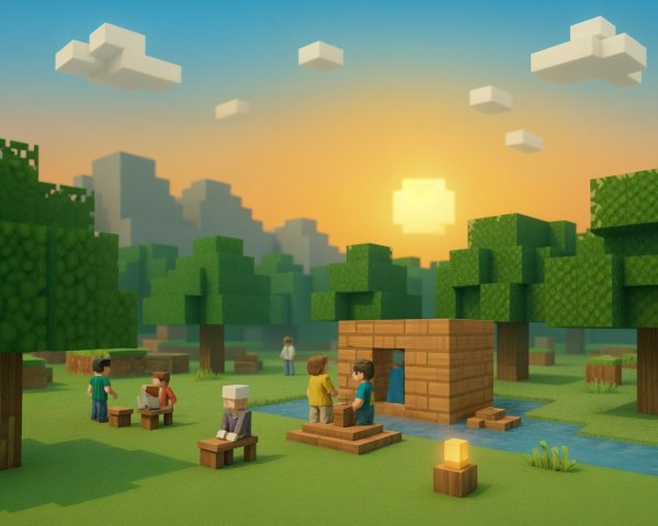 Minecraft Landscape with Sunset and Blocky Characters