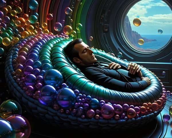 Serene Figure on Colorful Lounge with Coastal View