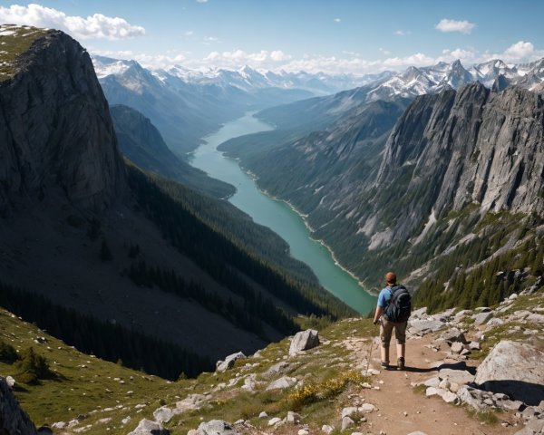 Lone Hiker Overlooks Scenic Valley with River and Peaks