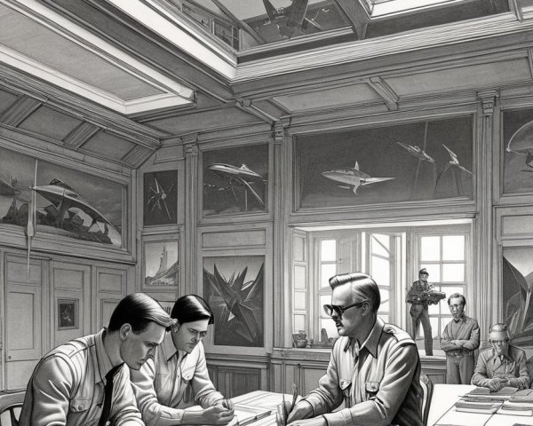 Three Men Writing at a Long Table in Grayscale Image