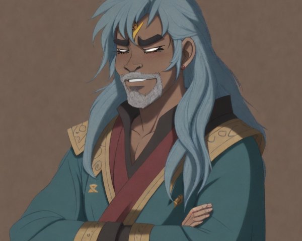 Character with Blue-Gray Hair in Teal Robe