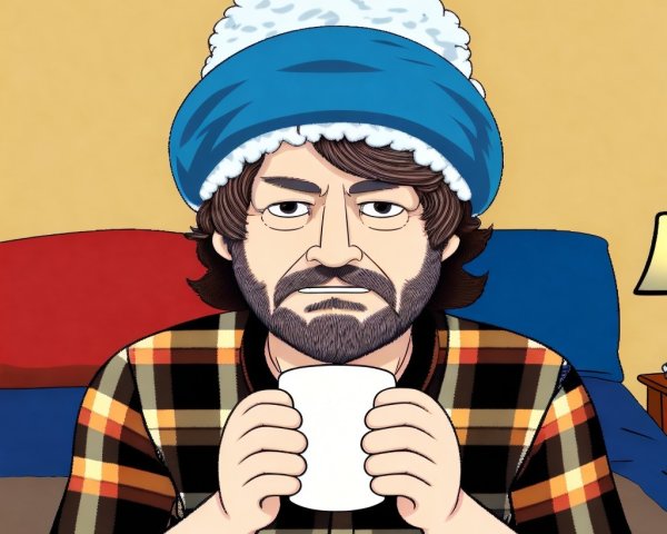 Man with Dark Hair and Beard Sitting on Bed