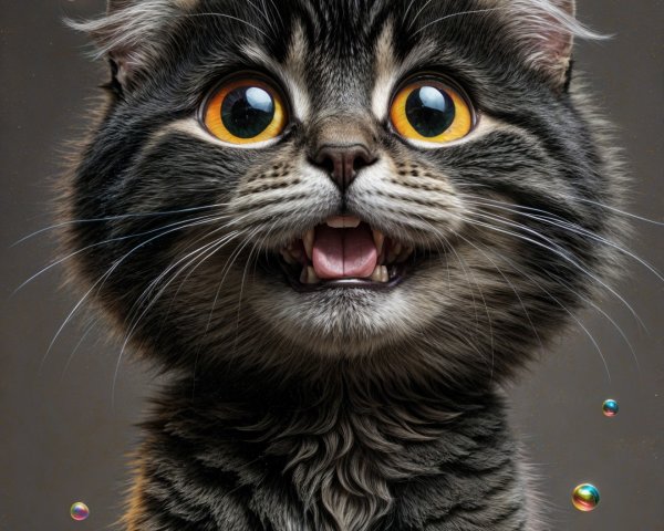 Joyful Cat with Yellow Eyes and Colorful Bubbles