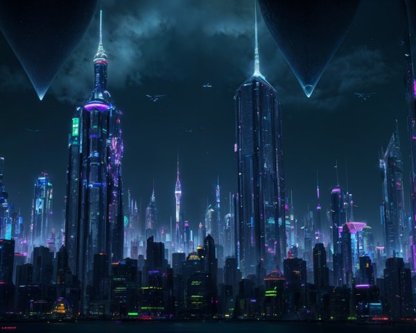 Futuristic cityscape at night with neon skyscrapers