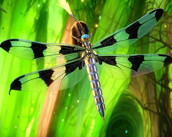 Dragonfly with Iridescent Wings on Green Background