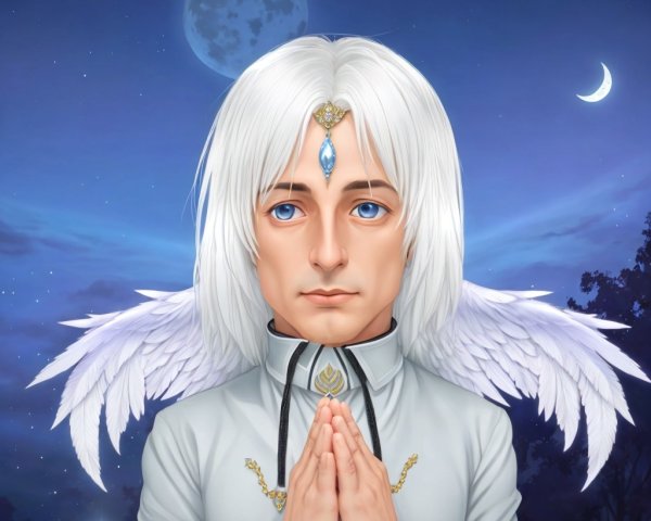 Serene figure with platinum hair and celestial backdrop