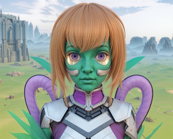 Futuristic character with green skin in sci-fi landscape