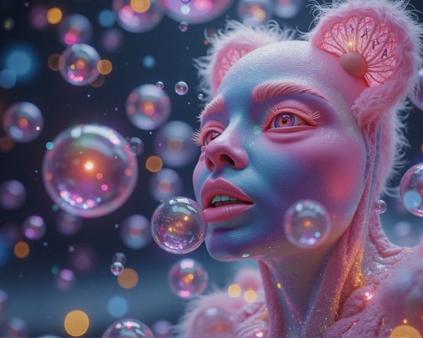 Surreal Portrait of Humanoid Figure with Bubbles