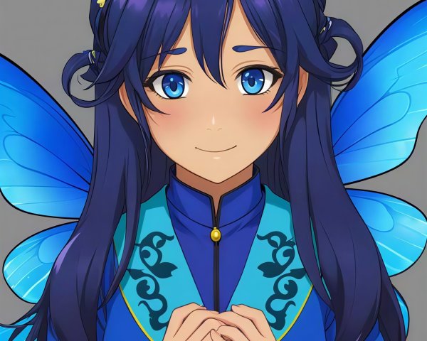 Digital anime character with blue wings and attire