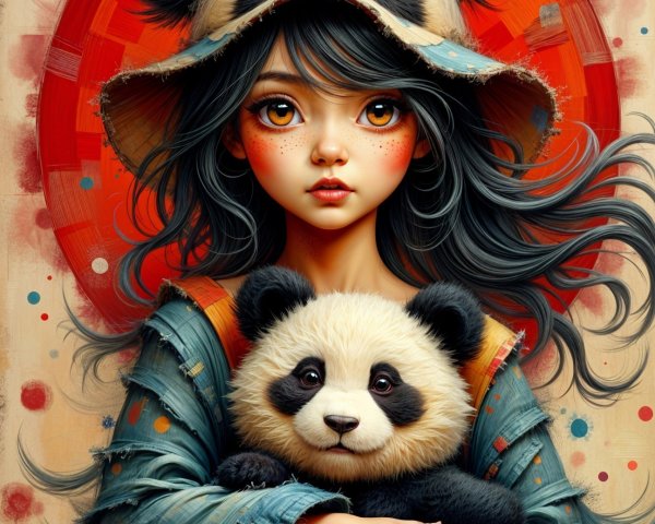 Girl with Panda Hat Holding Baby Panda in Red Circle