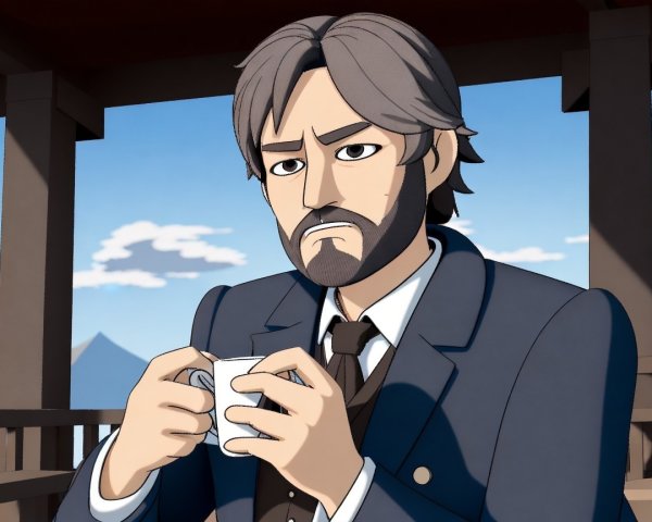 Serious Animated Character on Balcony with Mountains