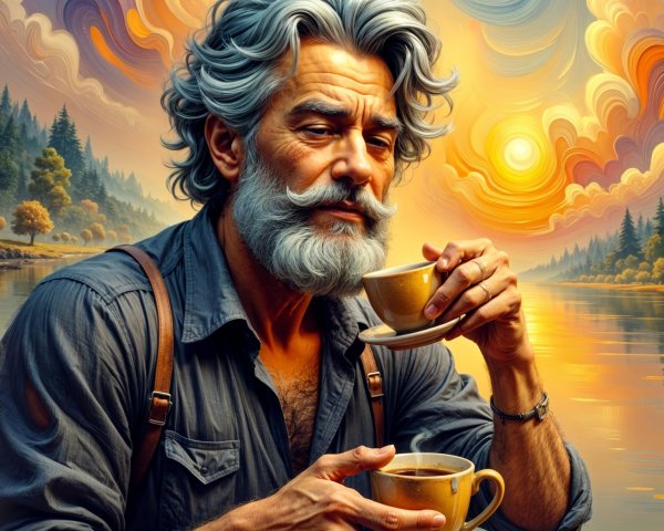 Older Man by Lake at Sunset with Coffee Cups