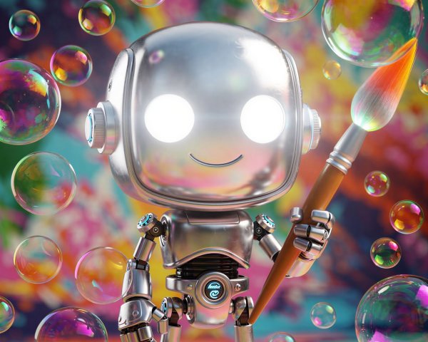 Silver Robot with Paintbrush and Colorful Bubbles