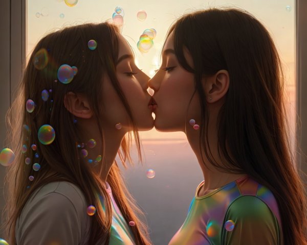 Young women sharing a soft kiss in sunset light