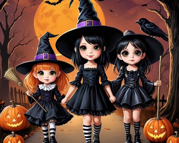 Three Witches on a Moonlit Path with Halloween Decor