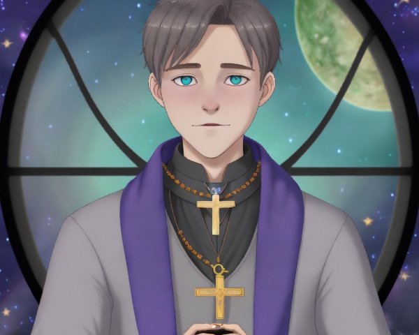 Young man with silver hair in cosmic setting