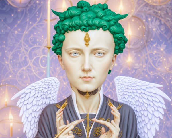 Serene figure with emerald curls and feathered wings