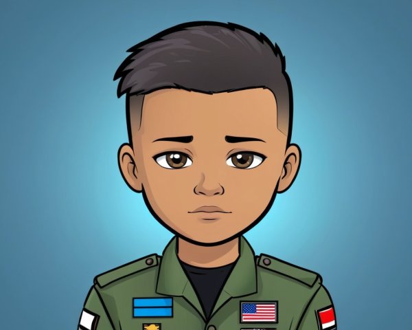 Cartoon Young Boy in Military Uniform with Flags