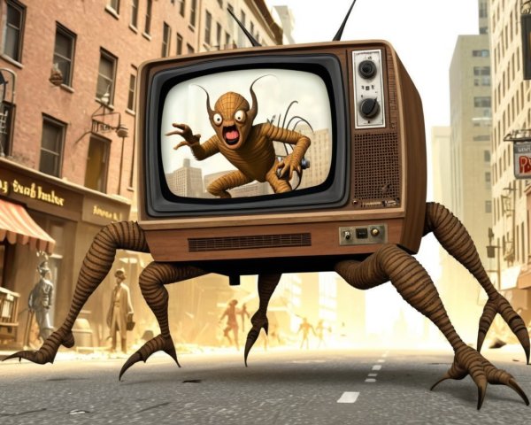 Vintage TV with Spider Legs and Strange Creature Display
