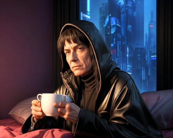 Figure in Black Jacket Contemplating Futuristic City