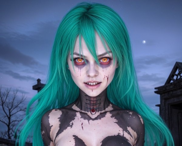 Haunting Character with Green Hair Against Night Sky