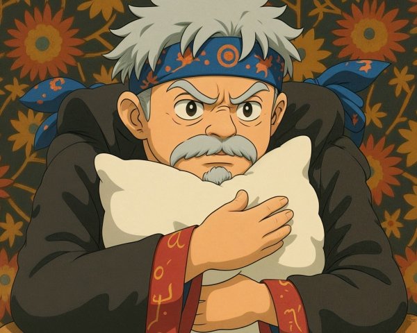 Elderly Man in Dark Robe with Floral Background