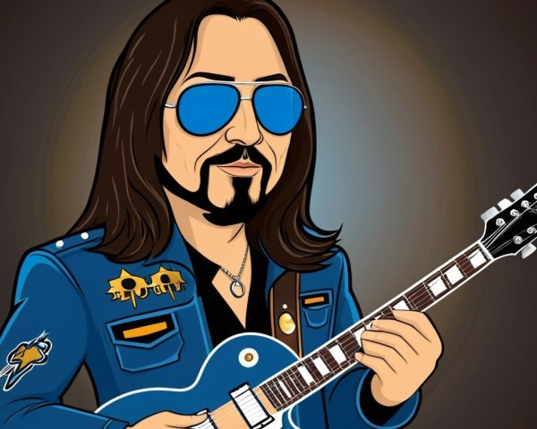 Cartoon Character Playing Blue Electric Guitar in Denim