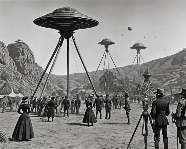 Grayscale Landscape with Futuristic Structures and People