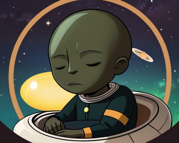 Serene Alien Figure in Circular Spacecraft with Cosmos