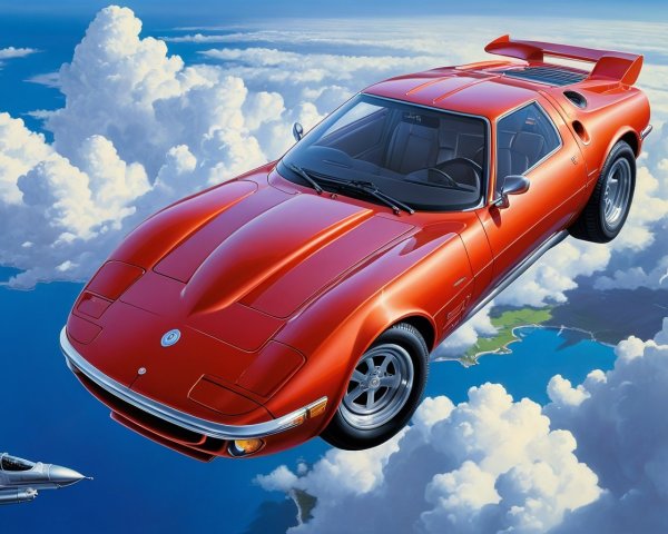 Red Car Under Blue Sky with Fighter Jet Below