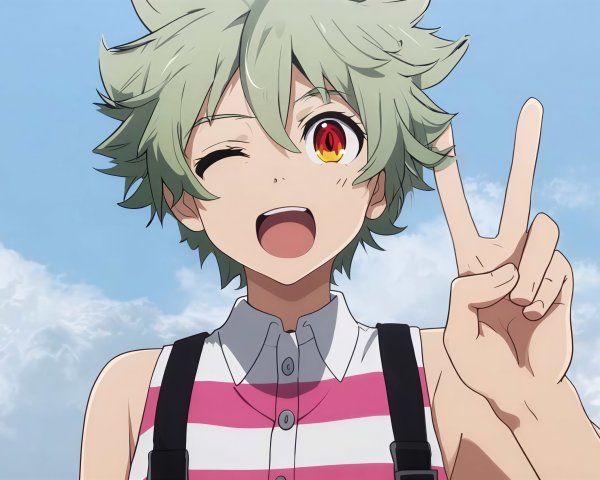 Anime-style portrait of girl with olive green hair