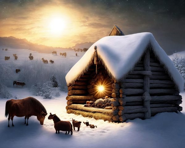Winter Nativity Scene with Stable and Animals in Snow