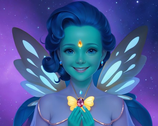 Whimsical fairy with teal skin in starry cosmos