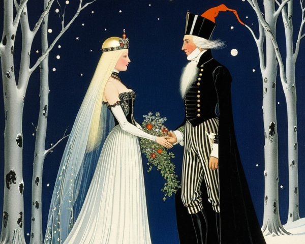 Princess and Prince in a Snowy Forest Illustration