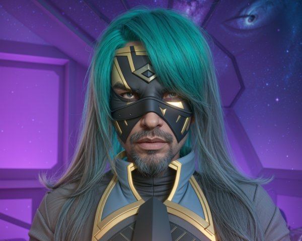 Futuristic Character with Teal Hair and Cosmic Background