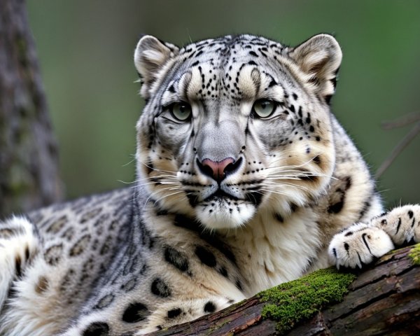 Snow Leopard on Moss-Covered Branch in Forest Setting