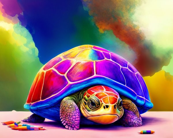 Vibrant Turtle on Pastel Surface with Colorful Shell