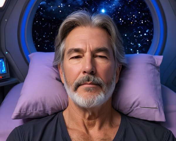 Man with gray hair in bed near starry window